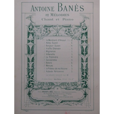 BANÈS Antoine Bonjour Suzon Chant Piano ca1890