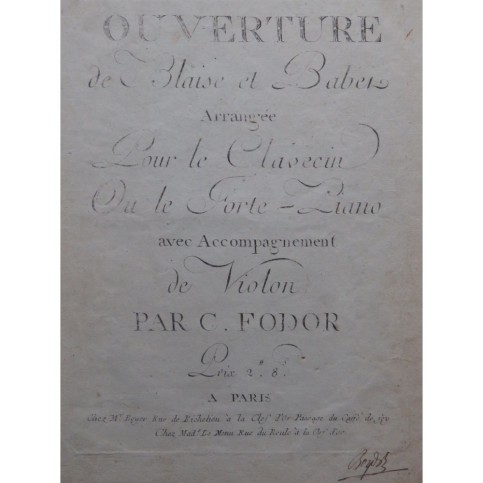 DEZÈDE Nicolas Blaise et Babet Ouverture Piano ou Clavecin ca1800