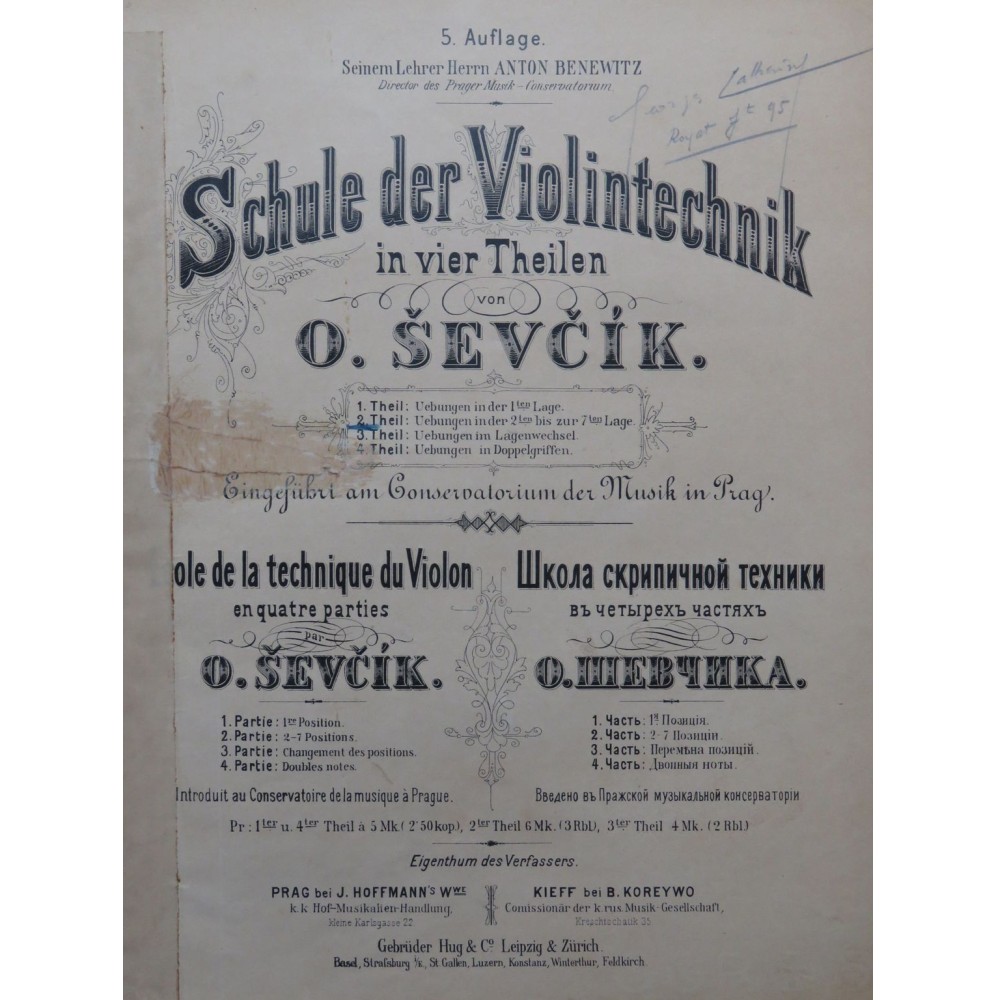 SEVCIK Otakar Ecole de la Technique du Violon 2ème Partie Violon ca1905