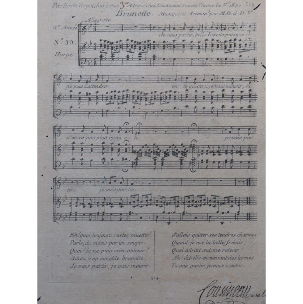 Feuille de Terpsichore 11e Année 2 Pièces Chant Harpe ca1795