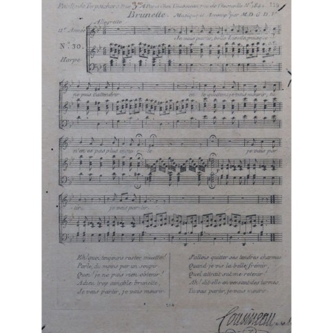 Feuille de Terpsichore 11e Année 2 Pièces Chant Harpe ca1795