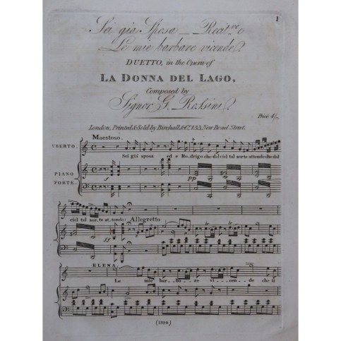 ROSSINI G. La Donna del Lago Duetto Piano Chant ca1820