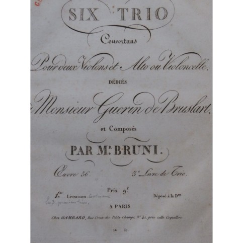 BRUNI A. B. 3 Trios op 36 pour 2 Violons Alto ou Violoncelle ca1815