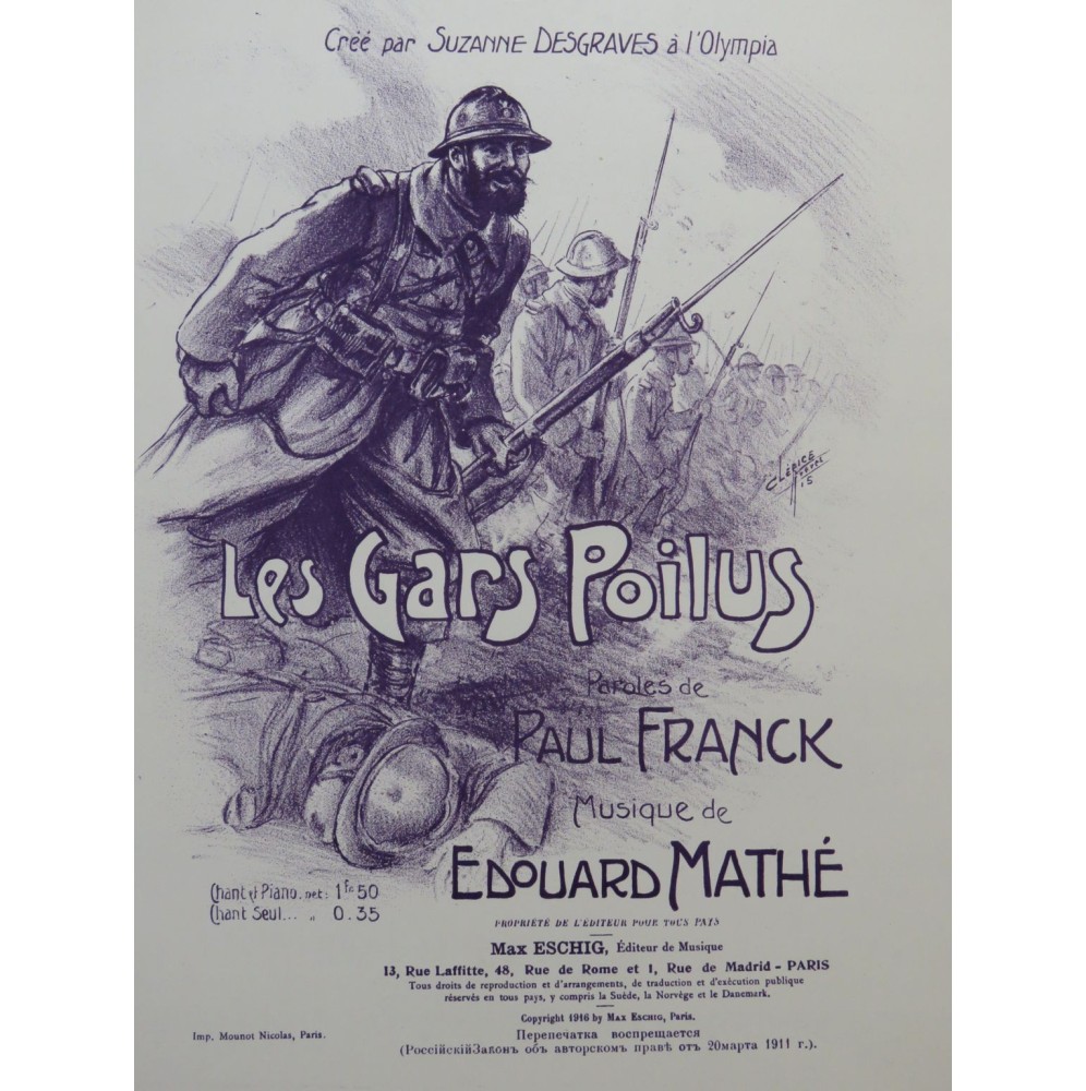 MATHÉ Édouard Les Gars Poilus Chant Piano 1916
