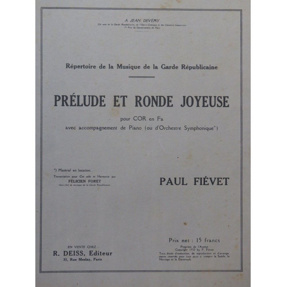 FIÉVET Paul Prélude et Ronde Joyeuse Dédicace Cor Piano 1932