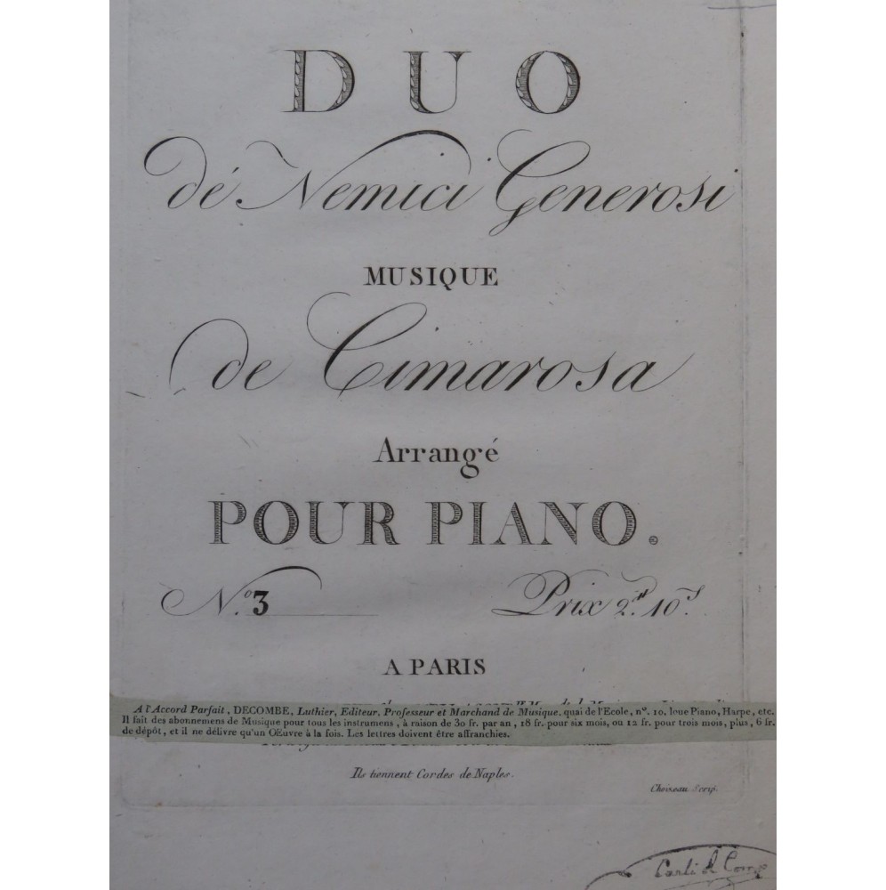 CIMAROSA Domenico Il Nemici Generosi No 3 Chant Piano ca1800