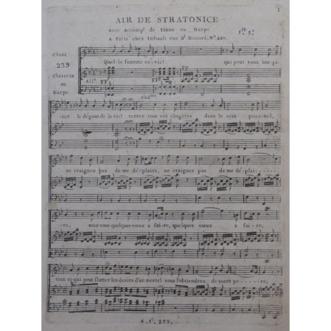 MÉHUL Air de Stratonice Chant Clavecin ou Harpe ca1795