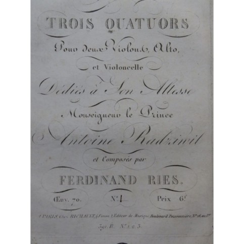 RIES Ferdinand Quatuor No 1 pour 2 Violons Alto Violoncelle ca1820