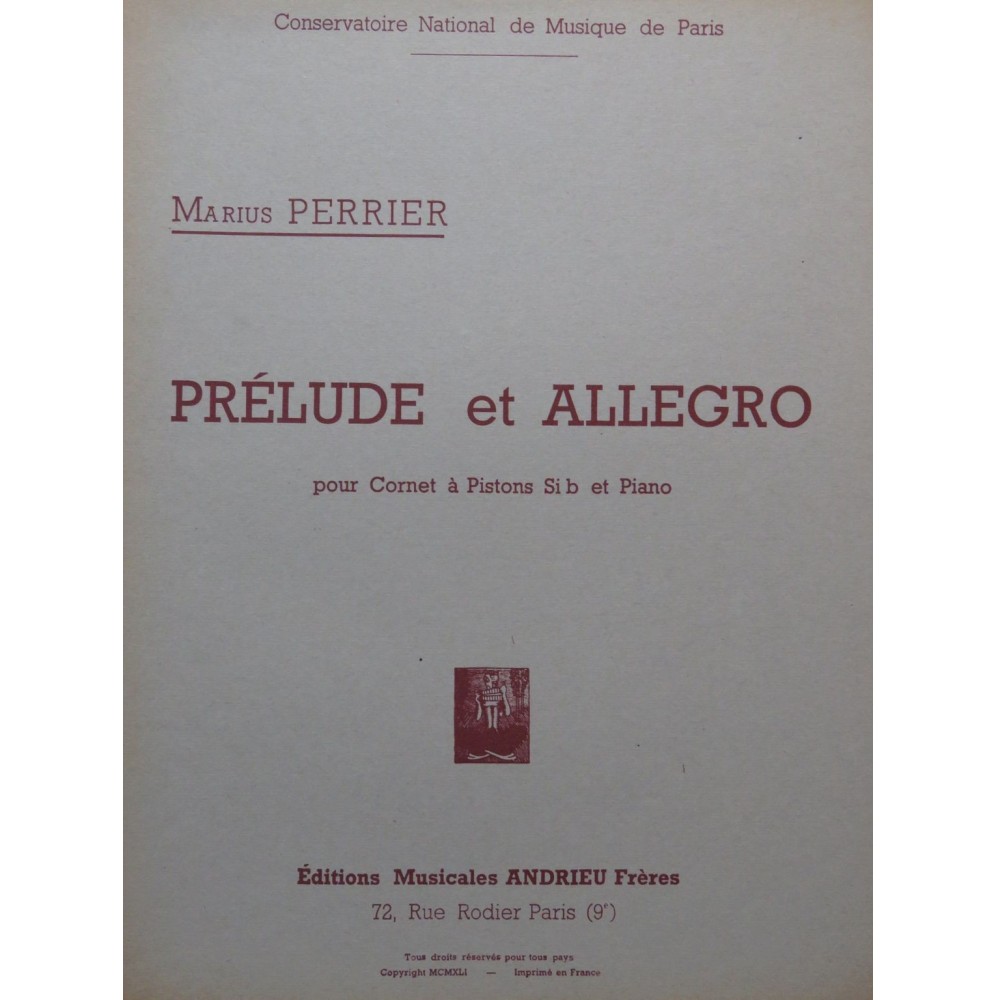 PERRIER Marius Prélude et Allegro Cornet à Pistons Piano 1941