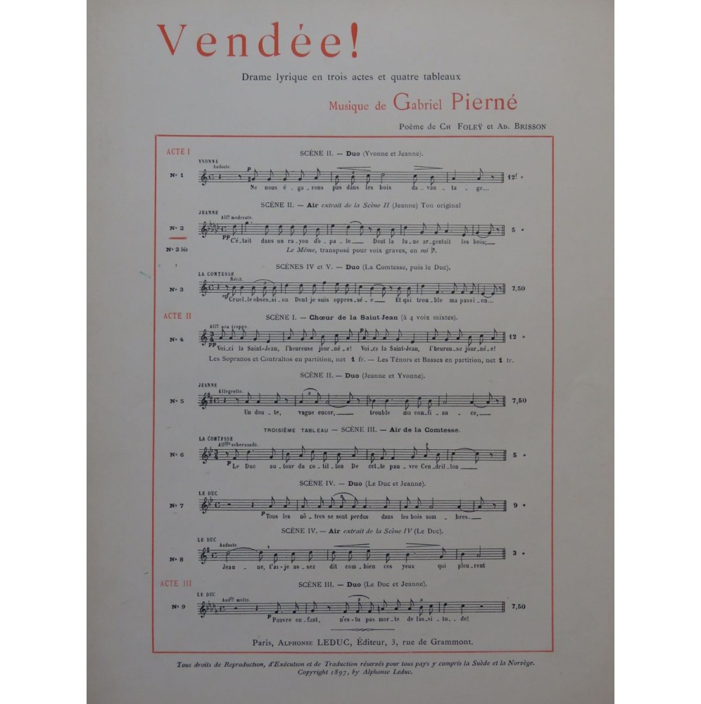 PIERNÉ Gabriel Vendée Air Chant Piano 1897