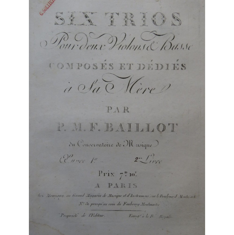 BAILLOT Pierre Trois Trios op 1 2e Livre pour 2 Violons et Basse ca1810