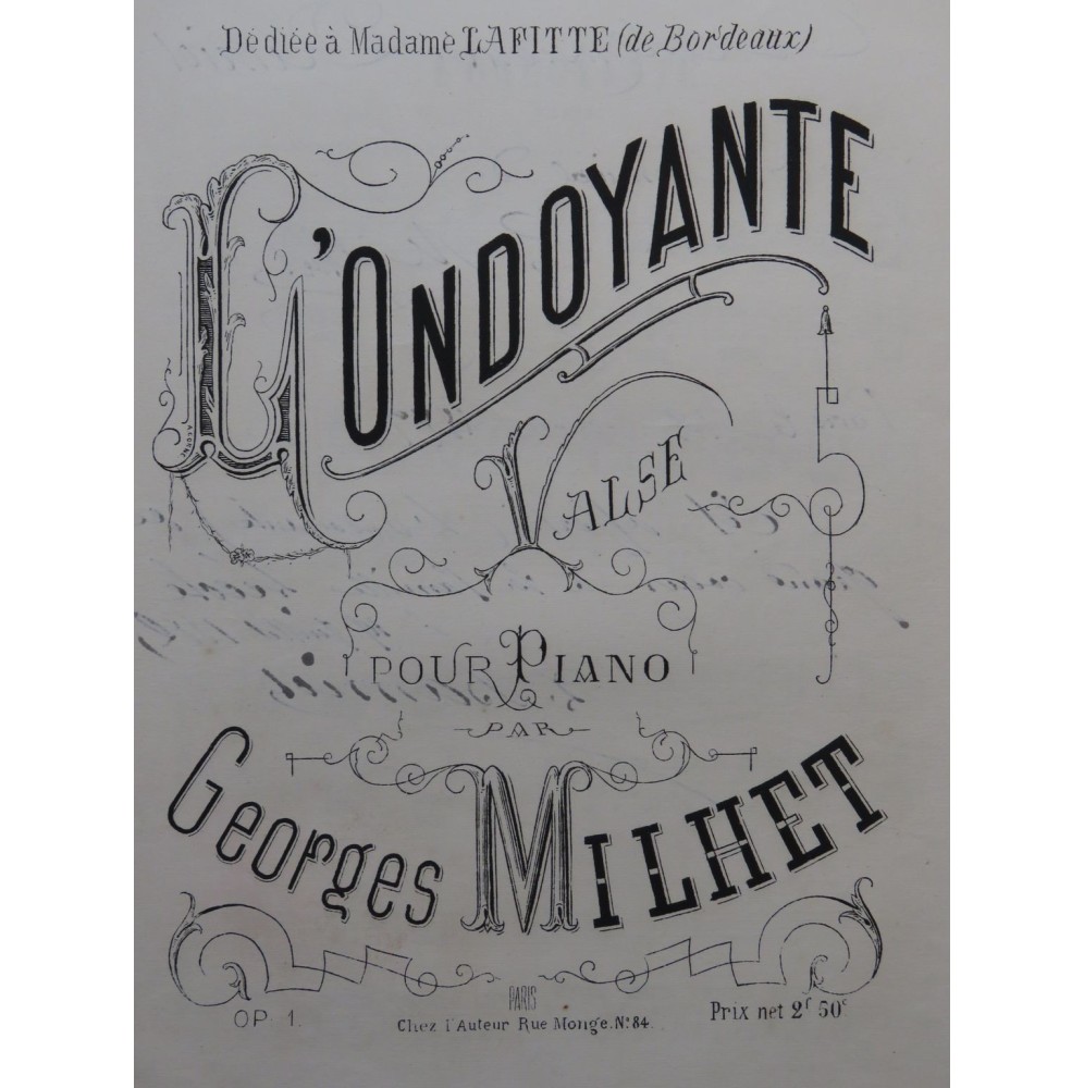 MILHET Georges L'Ondoyante Dédicace Piano XIXe