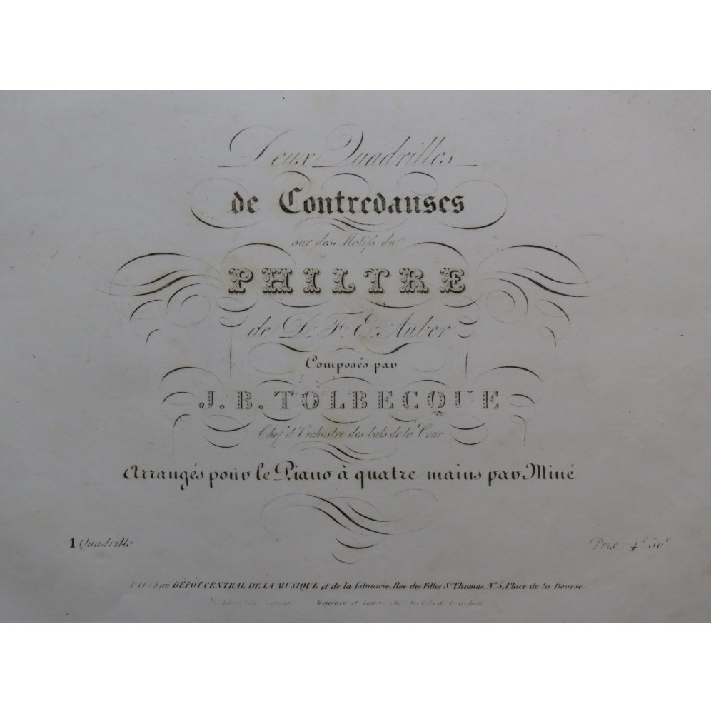 TOLBECQUE J. B. Quadrille No 1 Le Philtre Auber Piano 4 mains ca1840