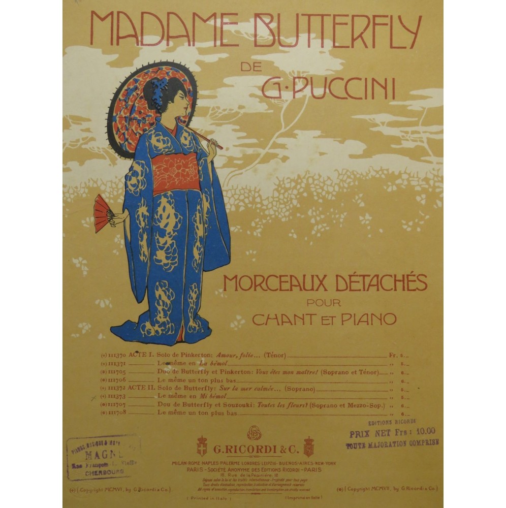 PUCCINI Giacomo Madame Butterfly Solo Piano Chant 1907
