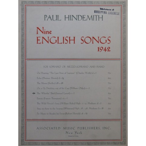 HINDEMITH Paul The Whistlin' Thief Chant Piano 1945