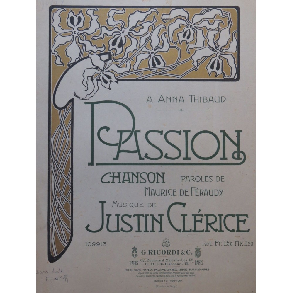 CLÉRICE Justin Passion Chant Piano 1904