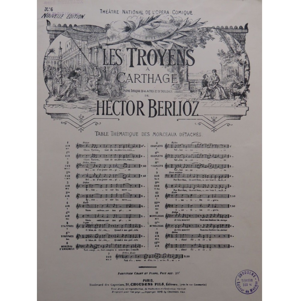 BERLIOZ Hector Les Troyens à Carthage No 6 Piano Chant 1892