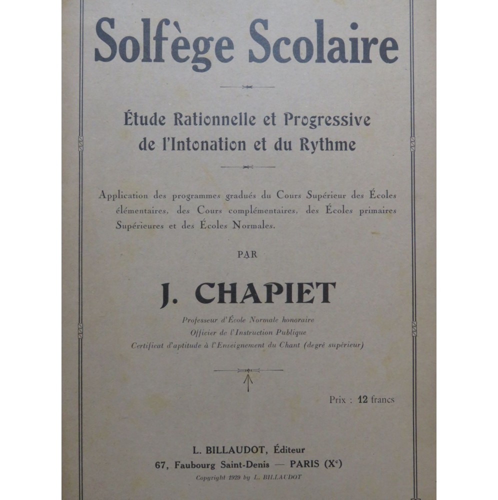 CHAPIET J. Solfège Scolaire 1929