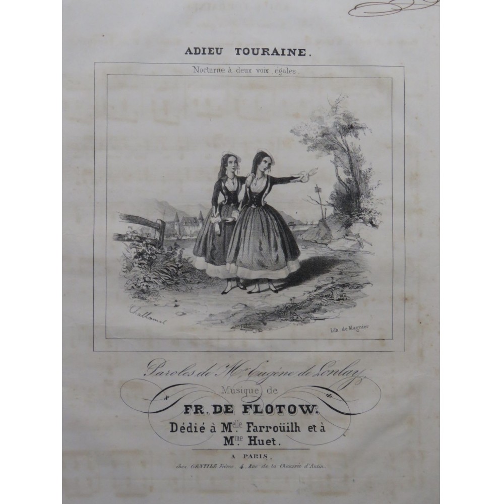 DE FLOTOW Fr. Adieu Touraine Chant Piano ca1840