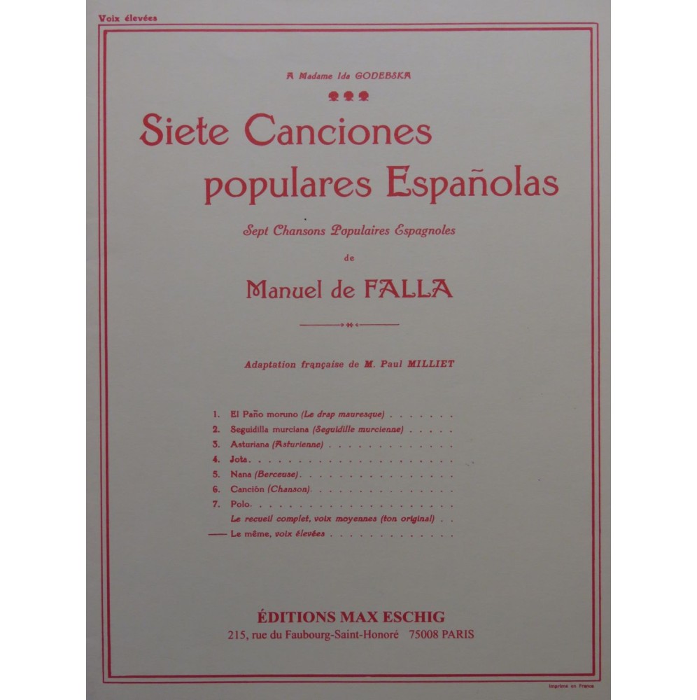 DE FALLA Manuel Siete Canciones populaires Españolas Chant Piano