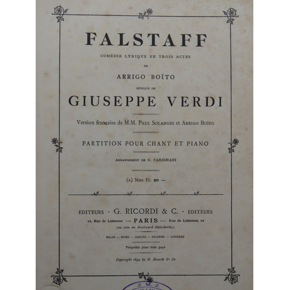 VERDI Giuseppe Falstaff Opéra Piano Chant 1894
