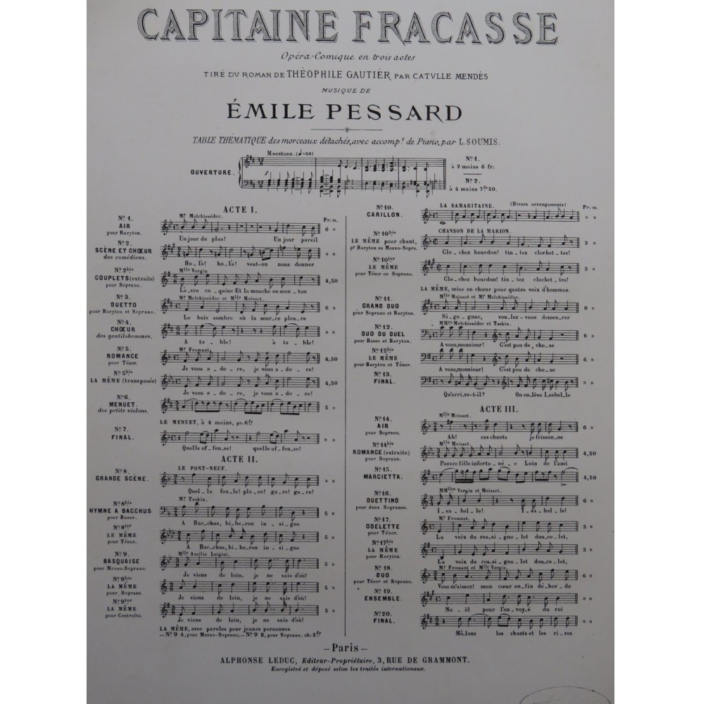 PESSARD Emile Le Capitaine Fracasse No 12 Chant Piano 1880