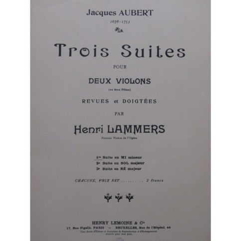 AUBERT Jacques Suite No 1 Mi min pour 2 Violons