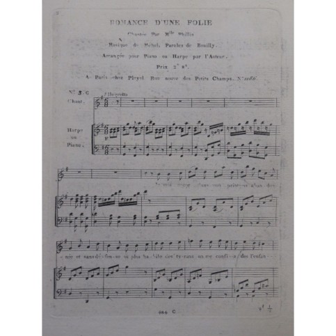 MÉHUL Romance d'une Folie Chant Piano ou Harpe ca1805