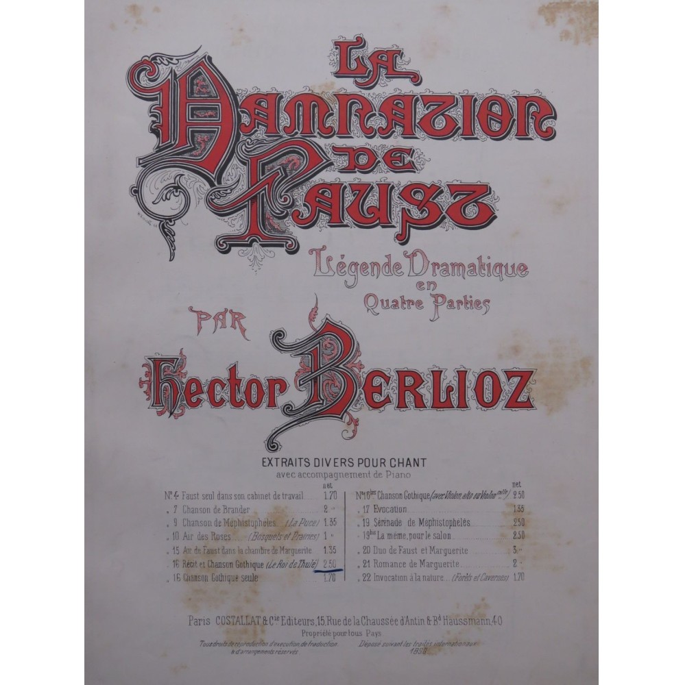 BERLIOZ Hector La Damnation de Faust No 16  Romance Chant Piano 1896