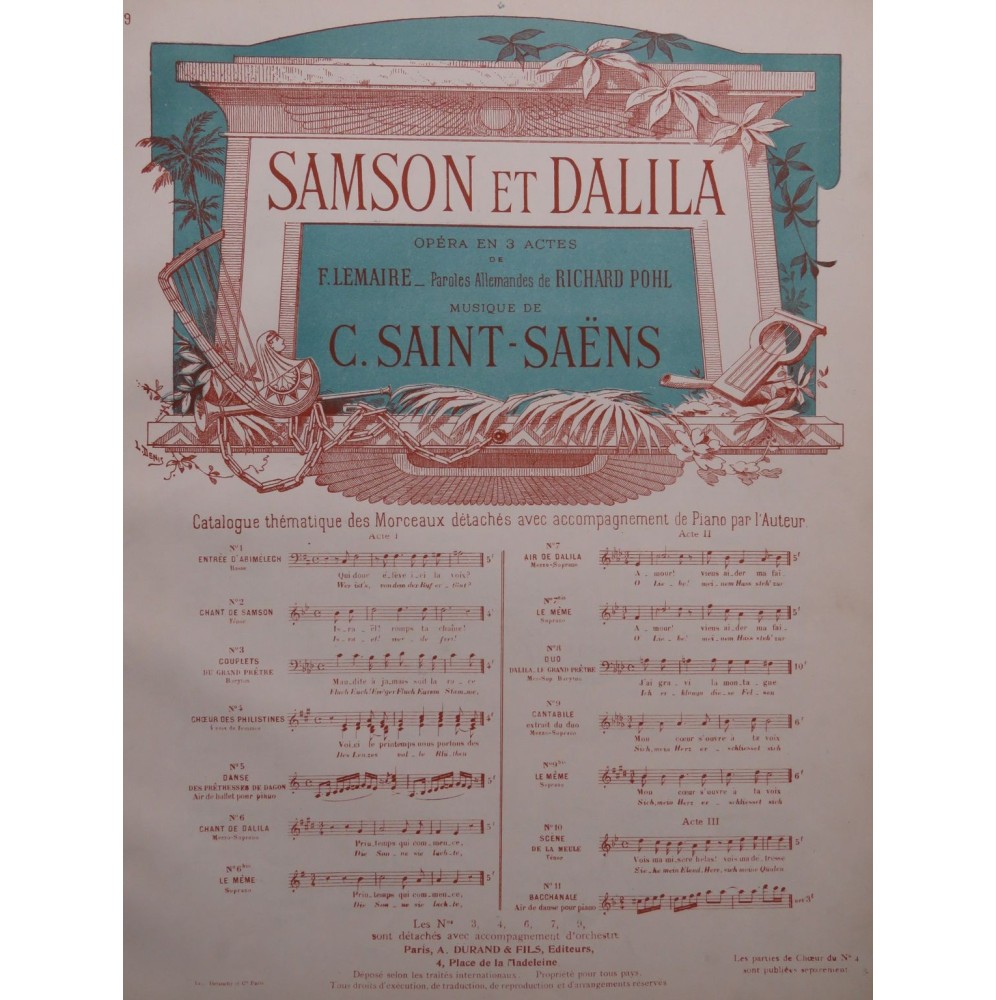 SAINT-SAËNS Camille Samson et Dalila No 9 Chant Piano ca1900