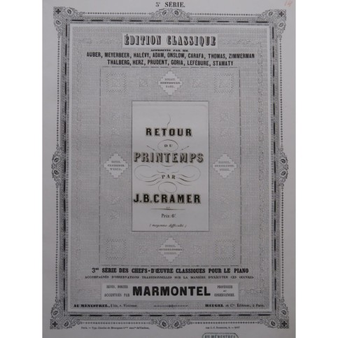 CRAMER J. B. Le Retour du Printemps Piano ca1850