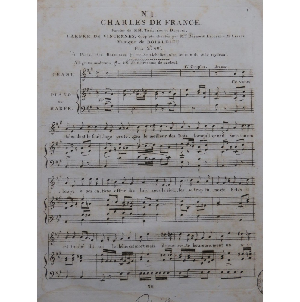 BOIELDIEU Adrien Charles de France No 1 Chant Piano ou Harpe ca1820