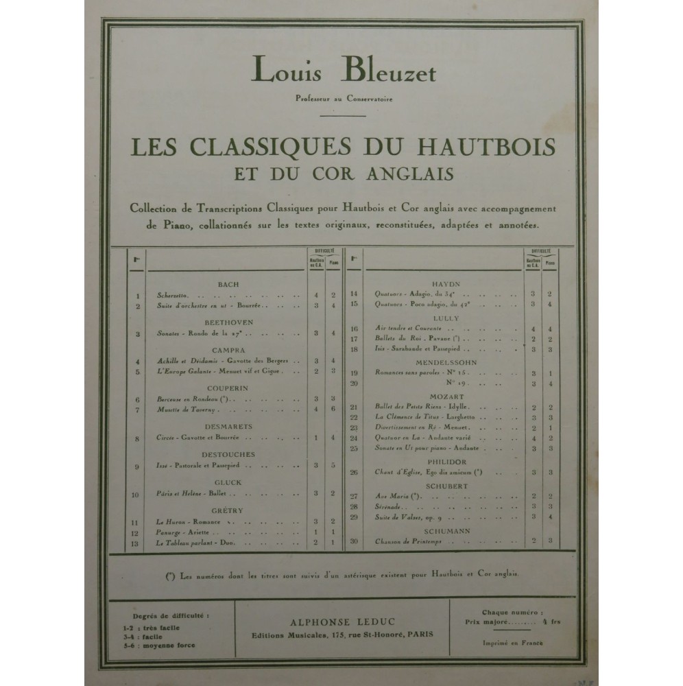 MOZART W. A. Ballet des Petits Riens Idylle Piano Hautbois 1947