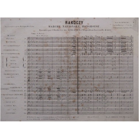 DUREAU Th. Rakoczy Marche Nationale Hongroise Orchestre Fanfare ca1880