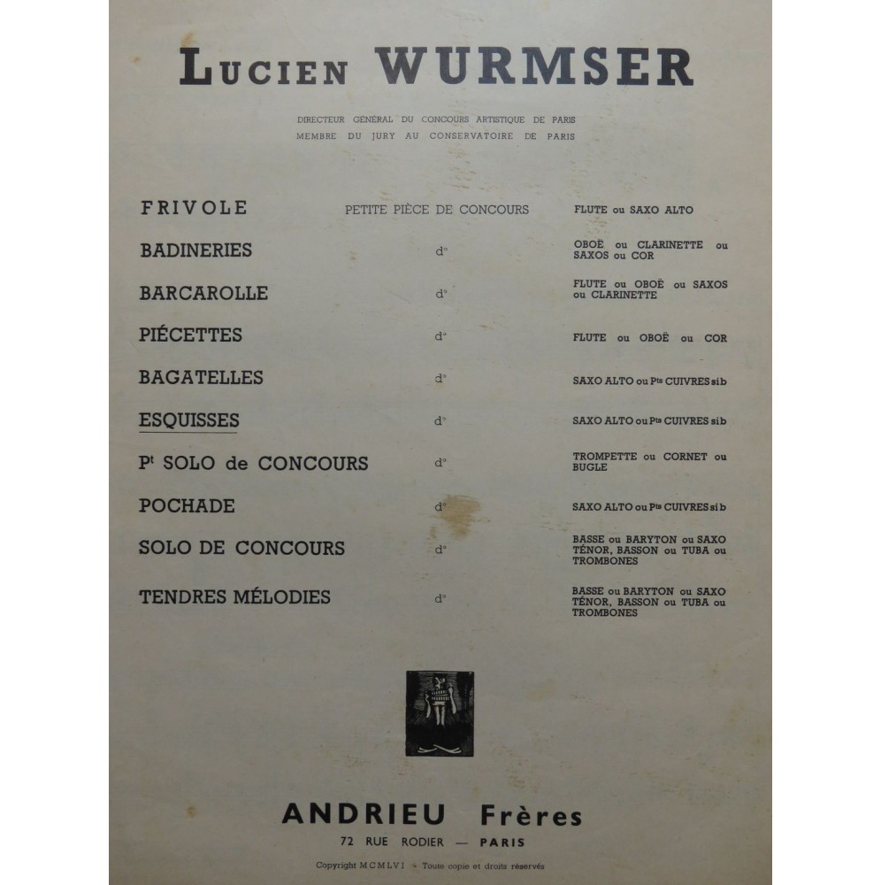 WURMSER Lucien Esquisses Saxophone Piano 1956