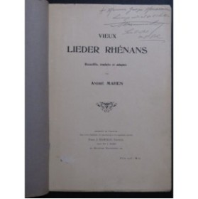 MAHEN André Vieux Lieder Rhénans Chant Piano 1911