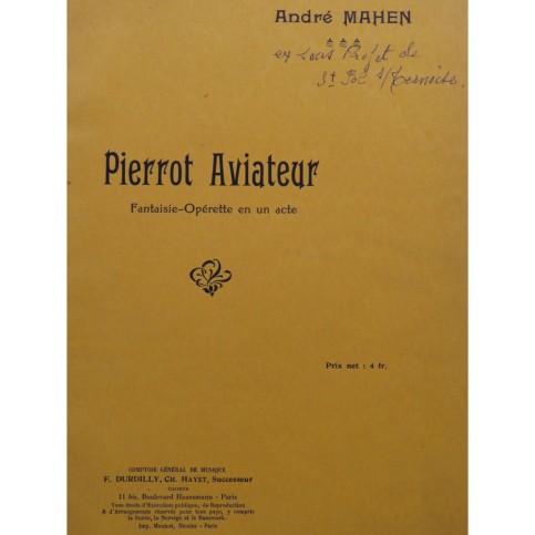 MAHEN André Pierrot Aviateur Opérette Chant Piano 1913