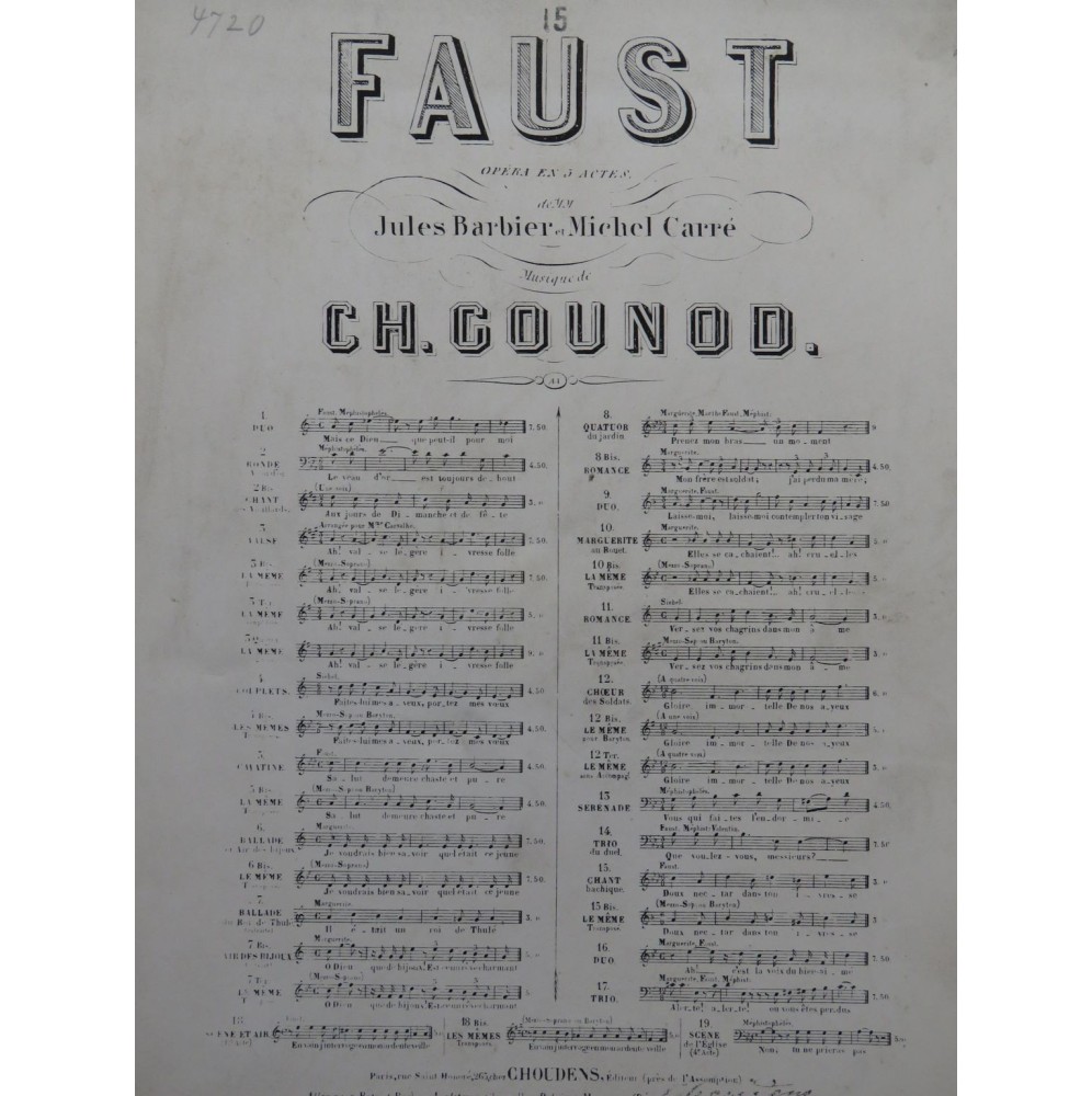 GOUNOD Charles Faust No 15 Chant Bachique Chant Piano XIXe