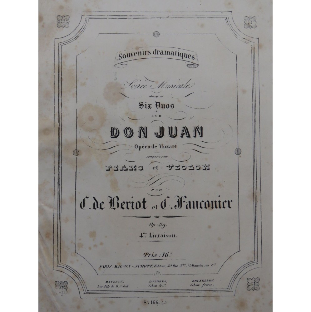 DE BÉRIOT FAUCONIER Don Juan de Mozart Piano Violon ca1855