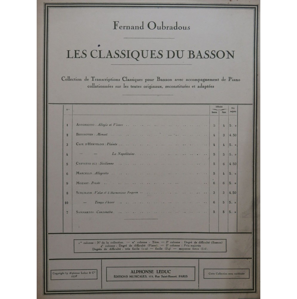 ANTONNIOTTO Adagio et Vivace Piano Basson 1938