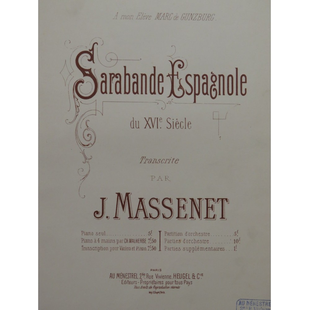 MASSENET Jules Sarabande Espagnole Chant Piano ca1892