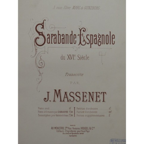 MASSENET Jules Sarabande Espagnole Chant Piano ca1892