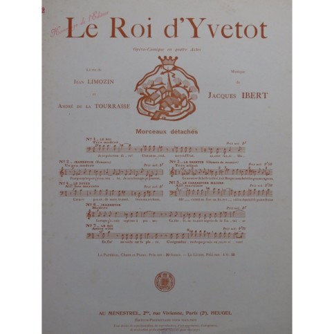 IBERT Jacques Le Roi d'Yvetot No 2 Chant Piano 1930