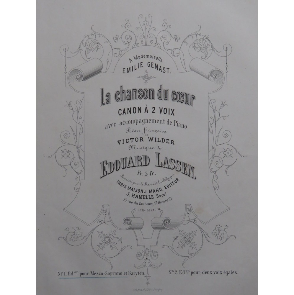 LASSEN Edouard La chanson du coeur Chant Piano ca1880