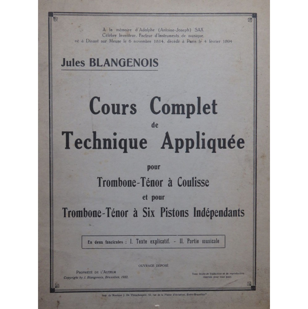BLANGENOIS Jules Cours Complet Dédicace Trombone Ténor 1932
