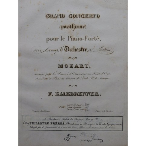 KALKBRENNER Grand Concerto posthume de Mozart Piano ca1820