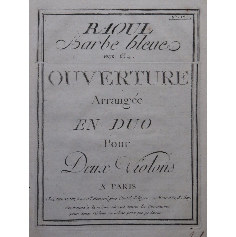 GRÉTRY André Raoul Barbe Bleue Ouverture 2 Violons ca1790