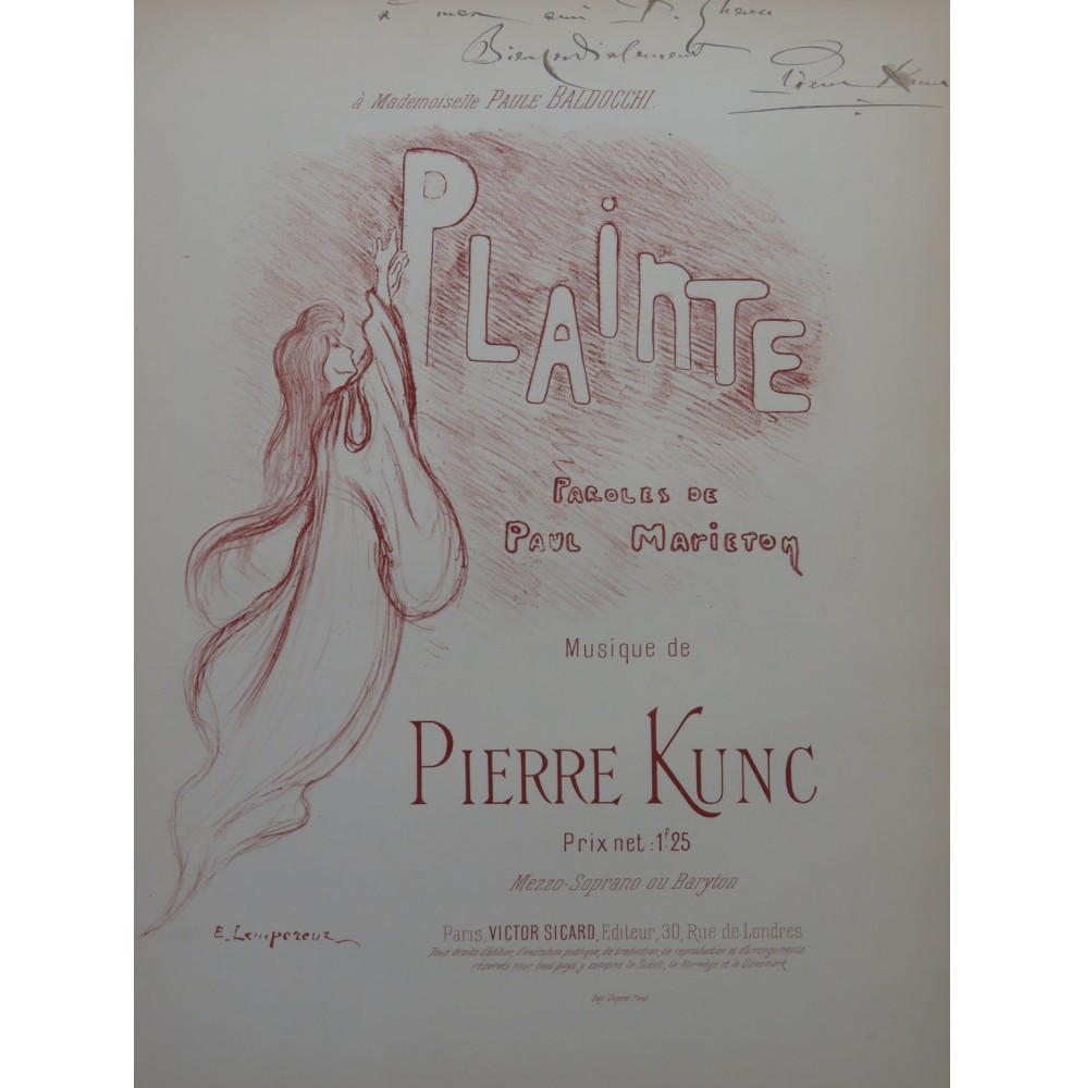 KUNC Pierre Plainte Dédicace Chant Piano 1905