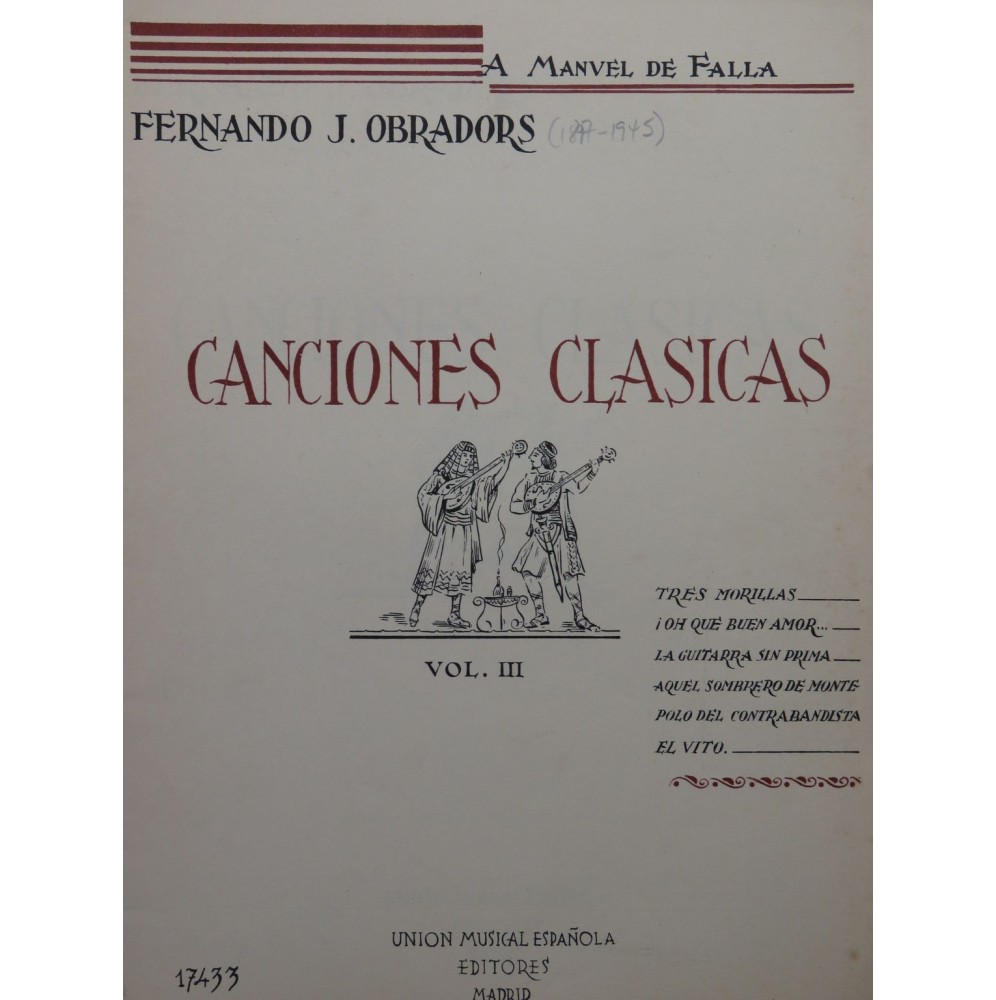 OBRADORS Fernando J. Canciones Clasicas Vol 3 Chant Piano 1941