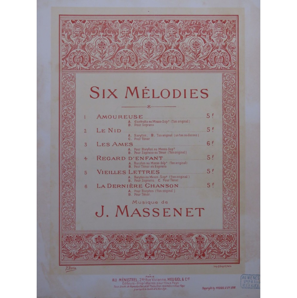 MASSENET Jules Le nid Chant Piano 1898
